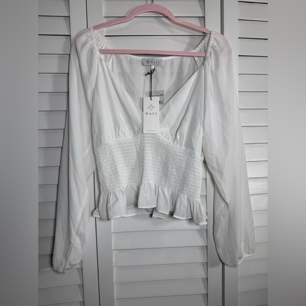NWT Wayf Women’s White Smocked Long Sleeve Blouse Size Medium - Picture 5 of 6